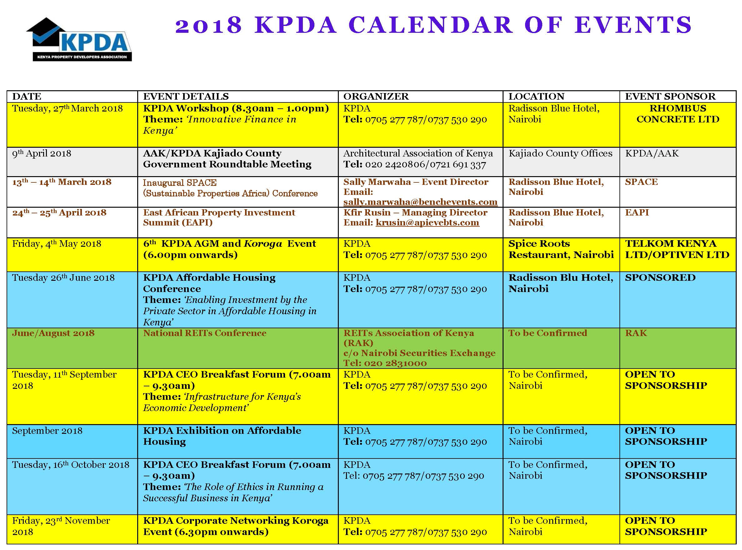 2018 KPDA Calendar of Events